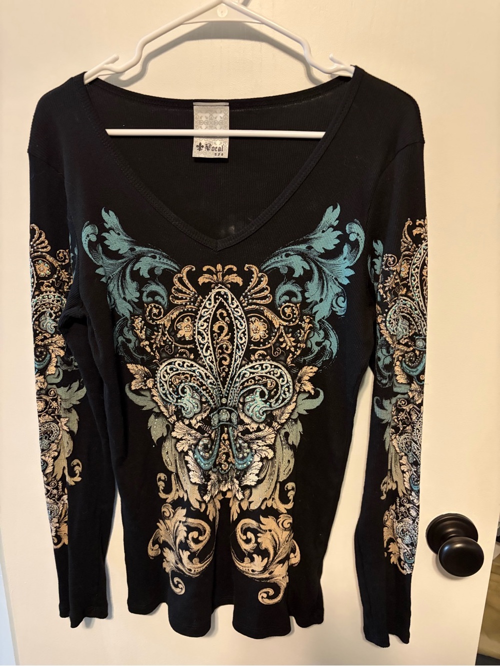 Corral Black Long Sleeve V-Neck Top with Teal and Gold Baroque Print